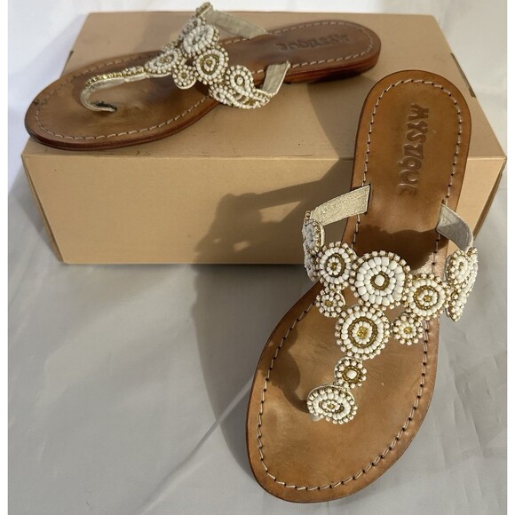 MYSTIQUE White Gold Beaded Pearl Boho Leather Thong Sandals Flip Flop Sz 8 - Picture 1 of 13